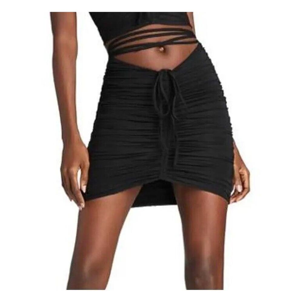 I.AM.GIA Black Ruched Mid-Rise Fitted Wrap Self Tie Waist Wrap Skirt XS